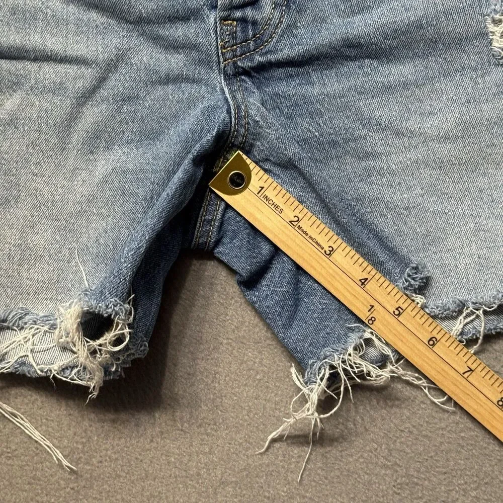 Old Navy Womens 4 Shorts Blue High Rise OG Straight Distressed Fringe Hem Denim
